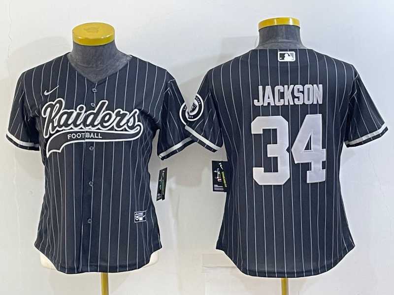 Womens Las Vegas Raiders #34 Bo Jackson Black Team Big Logo With Patch Cool Base Stitched Baseball Jersey